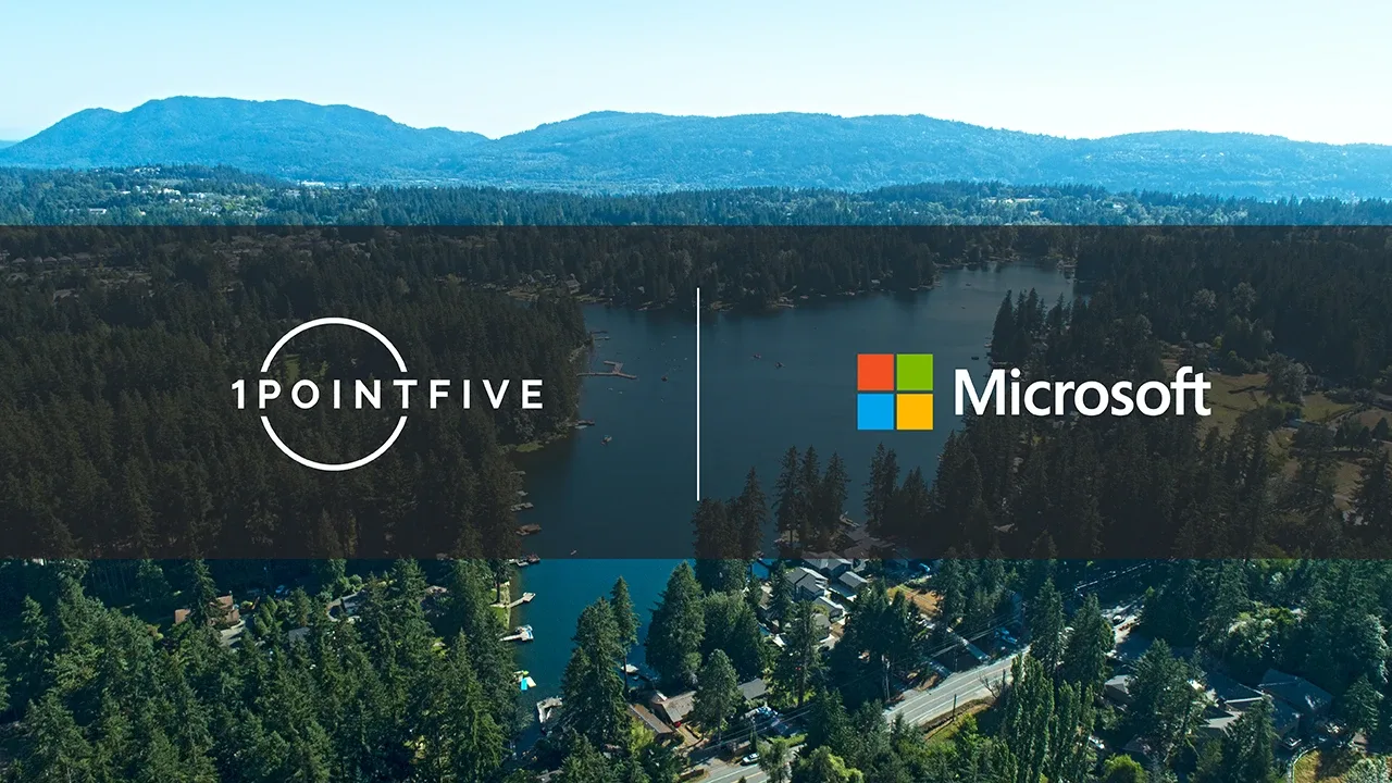 1PointFive and Microsoft logos overlaid on image of lake Sammamish